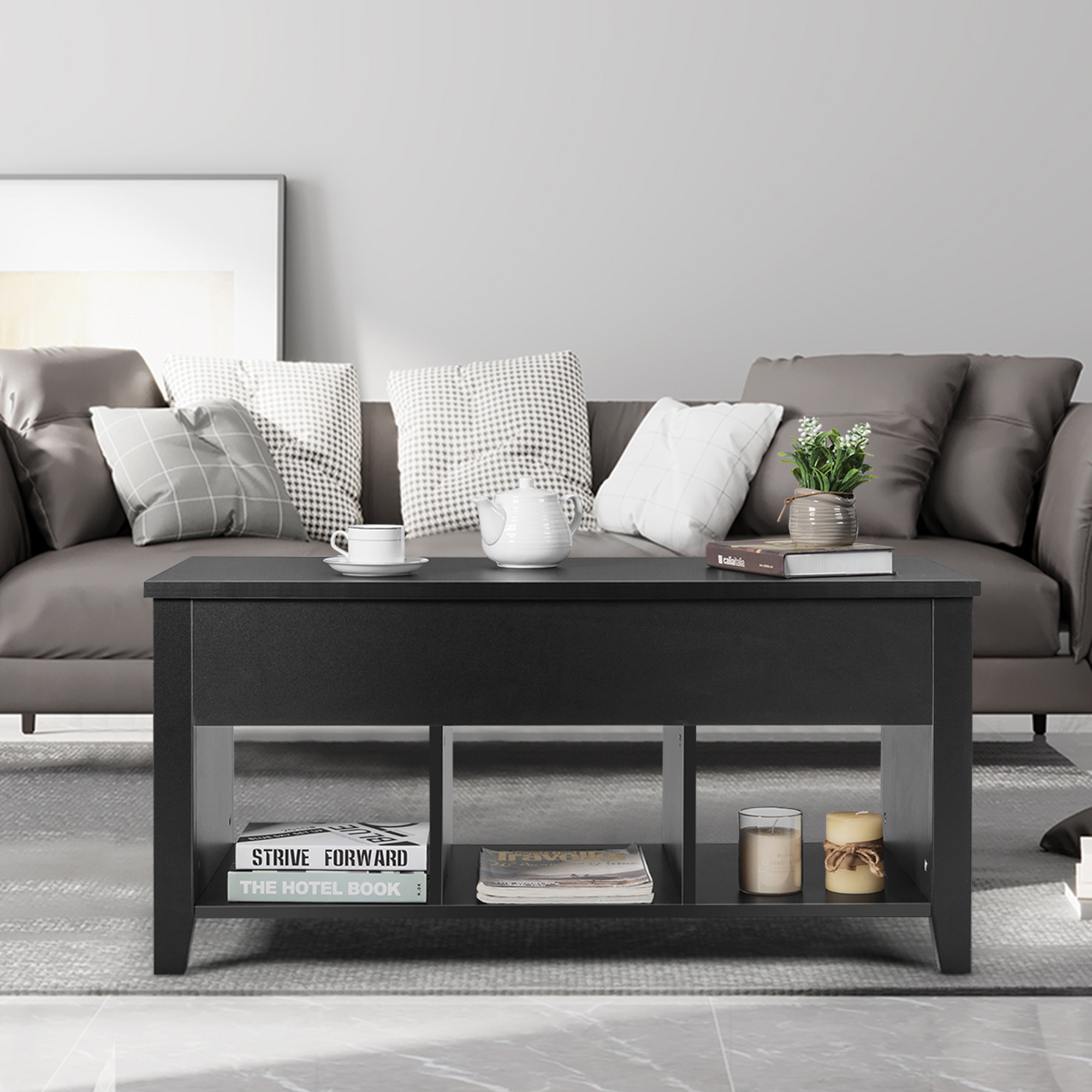 Gymax Modern Wooden Lift Top Coffee Table, Black