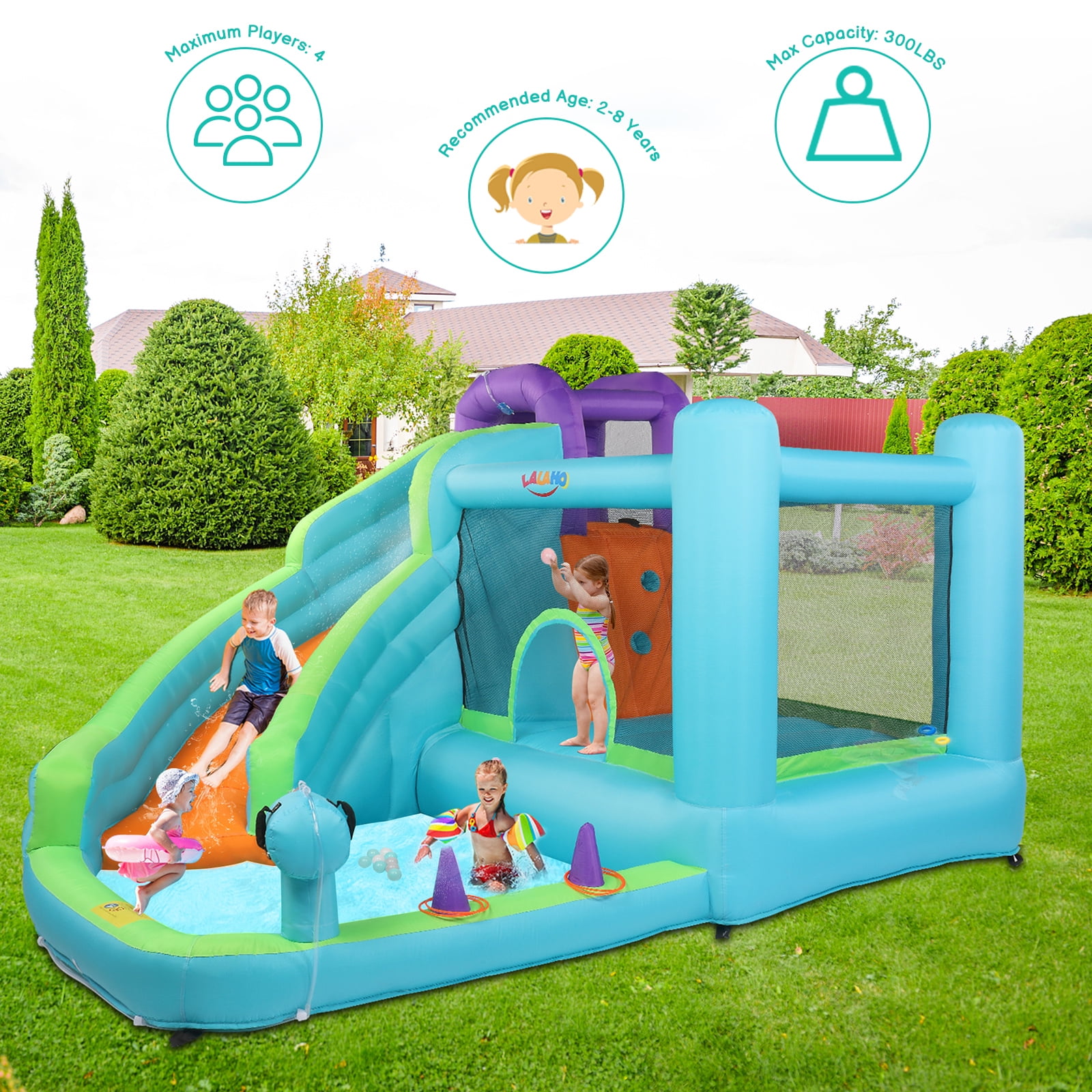 GoDecor Bounce House, Inflatable Water Slide Bounce Castle with Blower for Kids, Outdoor/Indoor Bouncy House Water Park for Backyard with Splash Slide, Climbing Wall, Ball Pit, Jumping Area