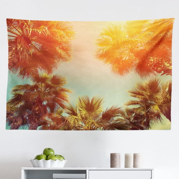Palm Tree Tapestry, PalmTrees Twilight in Tropical Environment Natural Beauty at Sunset Scene Print, Fabric Wall Hanging Decor for Bedroom Living Room Dorm, 2 Sizes, Yellow Black, by Ambesonne
