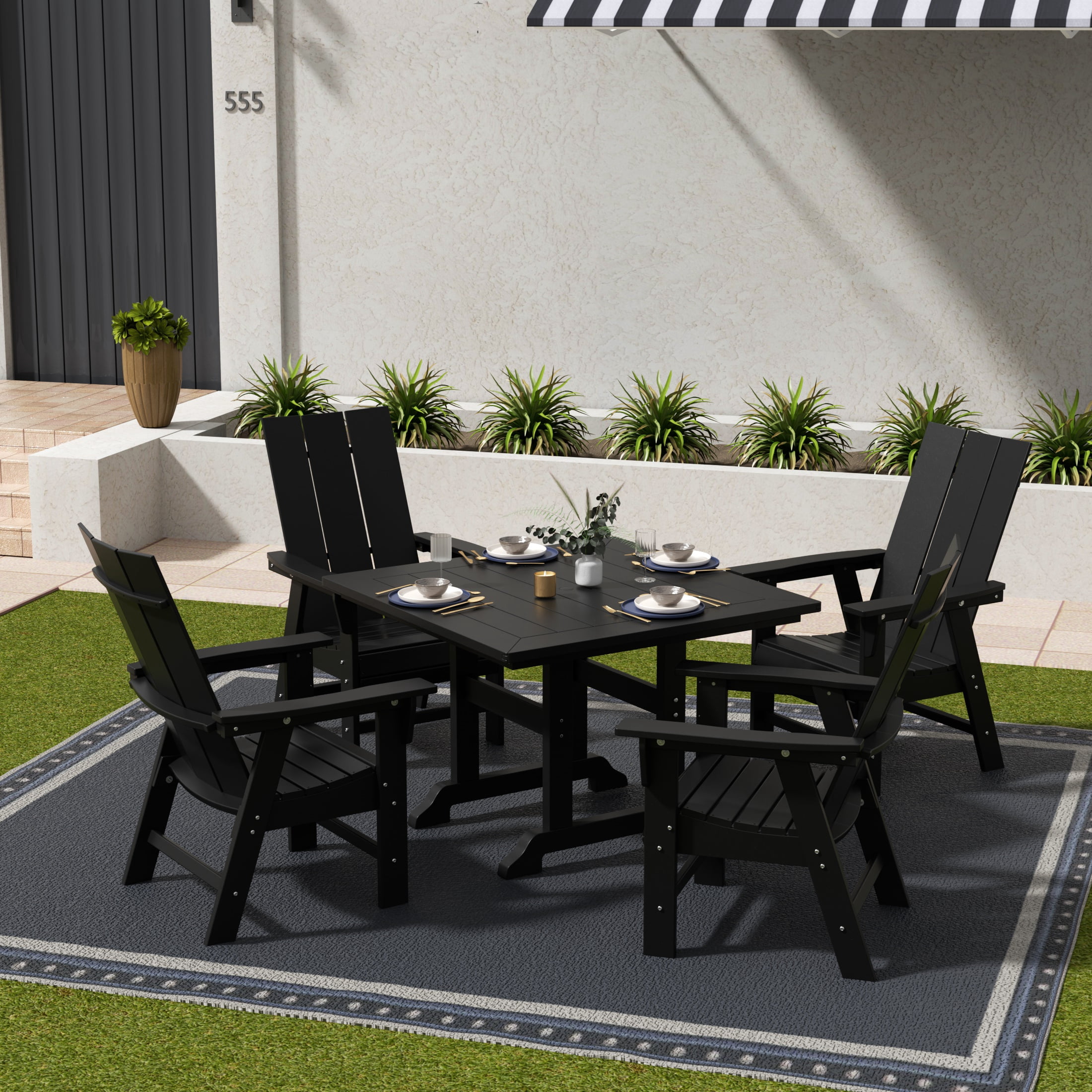 WestinTrends Ashore 5 Pieces Adirondack Patio Dining Set, All Weather Poly Lumber Slatted Modern Farmhouse Outdoor Furniture Set, 43" Trestle Square Table and 4 Adirondack Dining Chair, Black