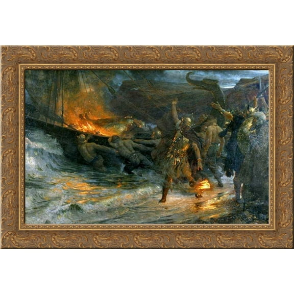 The Funeral of a Viking 24x18 Gold Ornate Wood Framed Canvas Art by Frank Dicksee