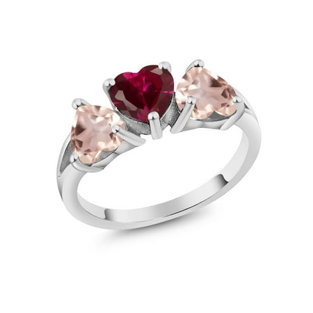 - 2.36 Ct Heart Red Created Ruby Rose Rose Quartz 925 Sterling Silver 3-Stone Ring