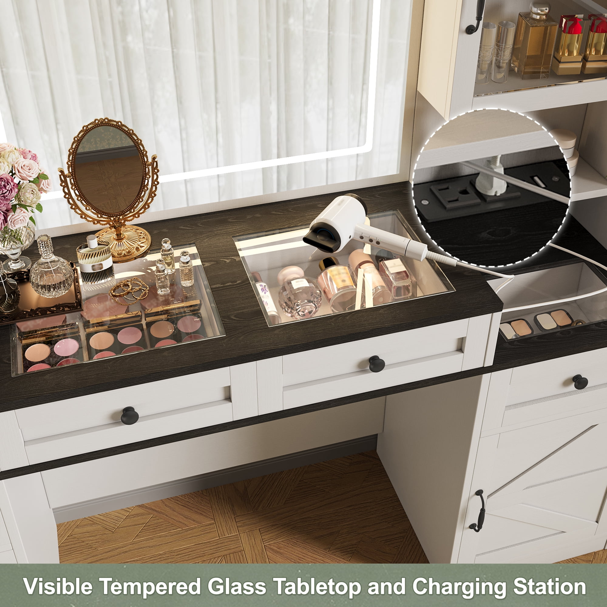 Yoneston 61.5" Farmhouse Vanity Desk Set with Mirror and LED Lights, Glass Top Vanity Table with Chair, Charging Station and 5 Drawers Cabinets, White