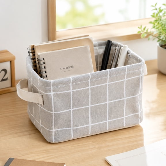 Fabric Desktop Storage Box, Polyester Organizer Basket, Small Sundries Storage Bin for Vanity Cabinet