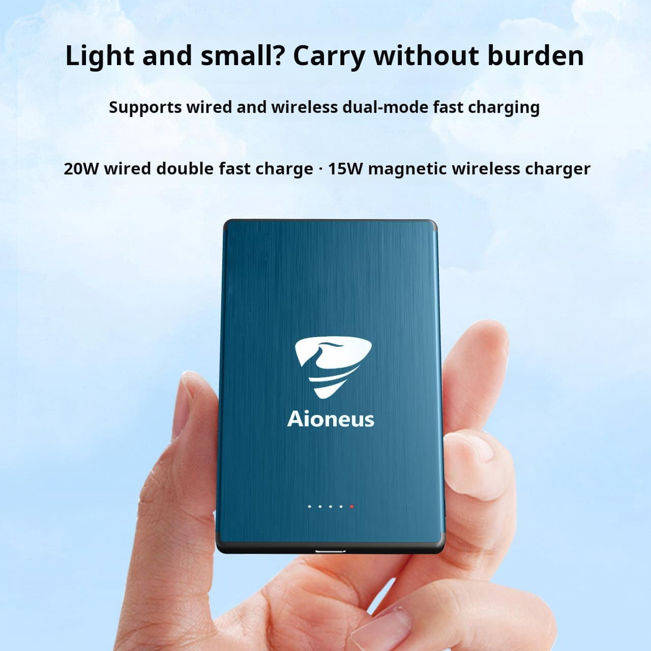 Aioneus Wireless Portable Charger 0.27 inch Ultra-Thin MagSafe Power Bank 5000mAh Magnetic Battery Pack for iPhone, Samsung, Blue