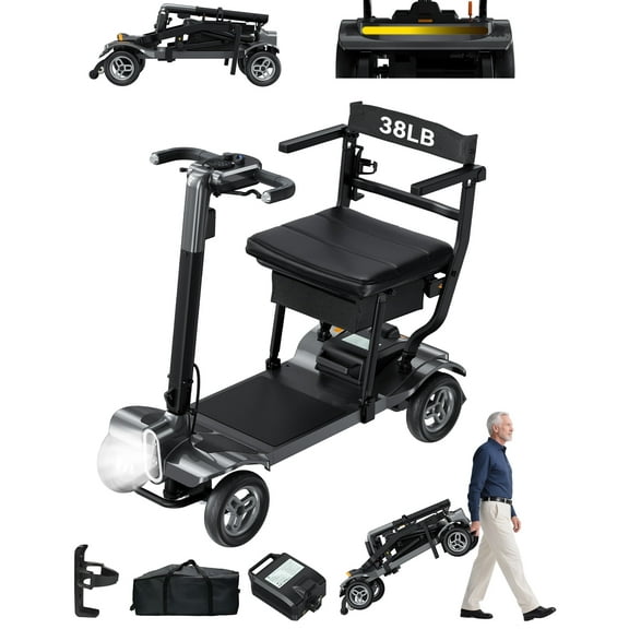 WalkFeel Foldable Powered Mobility Scooter - Lightweight 38lb, Auto-Sensing Headlight, All-Terrain for Adults & Seniors, Black