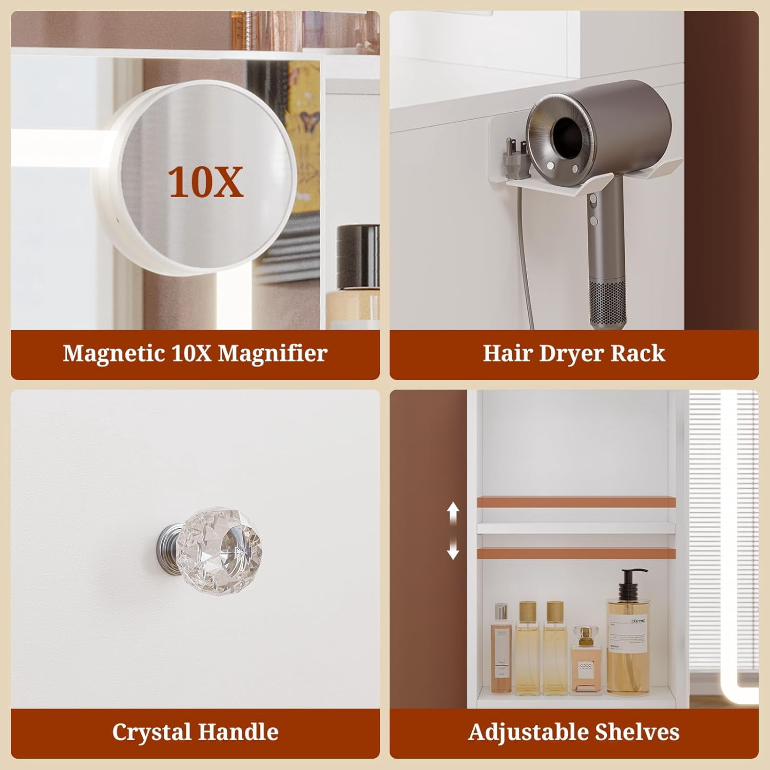 47.2“ Large Vanity Desk with Mirror and Lights,Power Outlet,7 Drawers,Pull-Out LED Mirror with 3 Light Modes,Brightness Adjustable,Rolling Makeup cart,Crystal Handles, hairdryer Rack,White