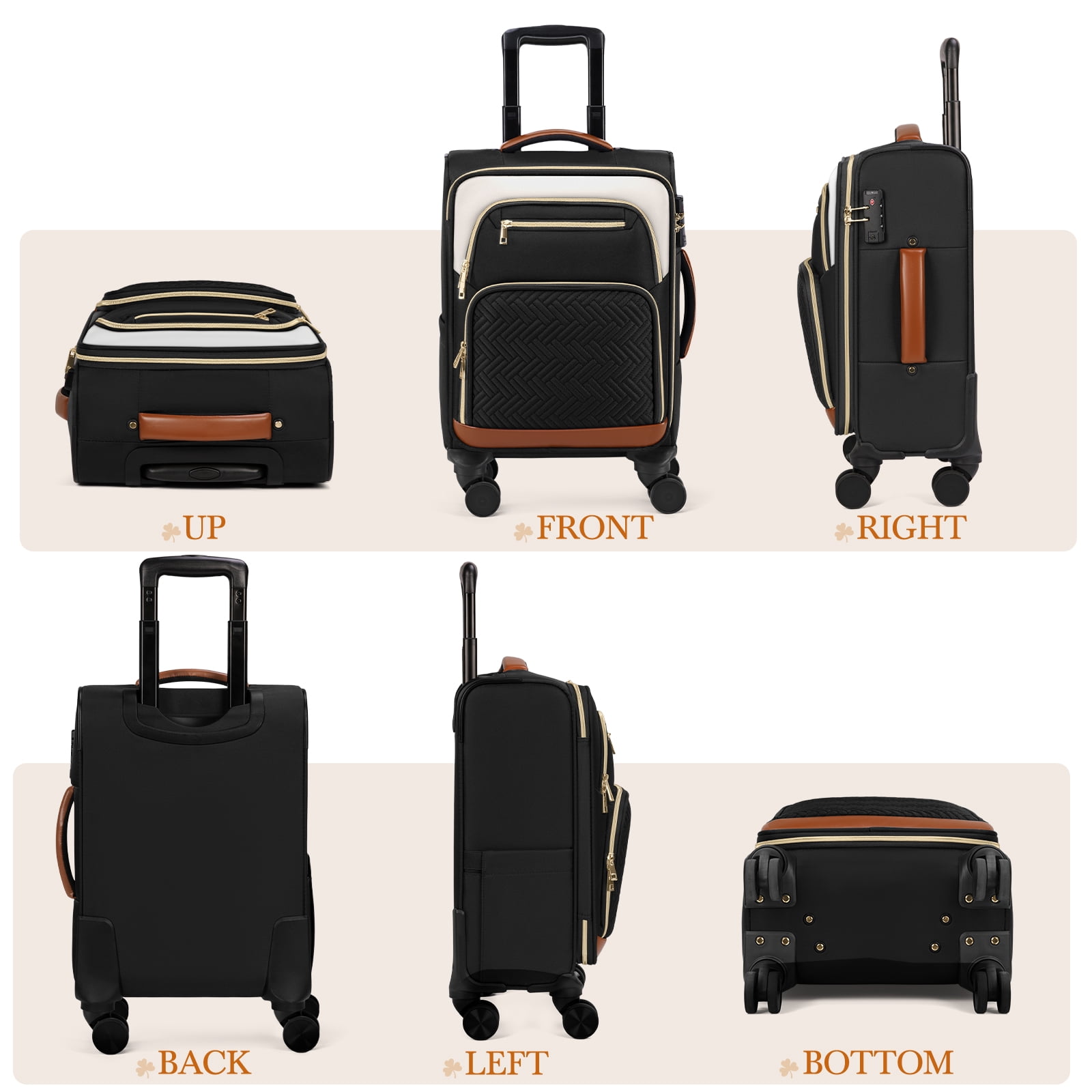 RAINSMORE 3 Piece Carry on Luggage Set with Backpack 20 Inch Softside Suitcases with Wheels Rolling Carry On Suitcase with TSA Lock for Travel Weekender,Black&White