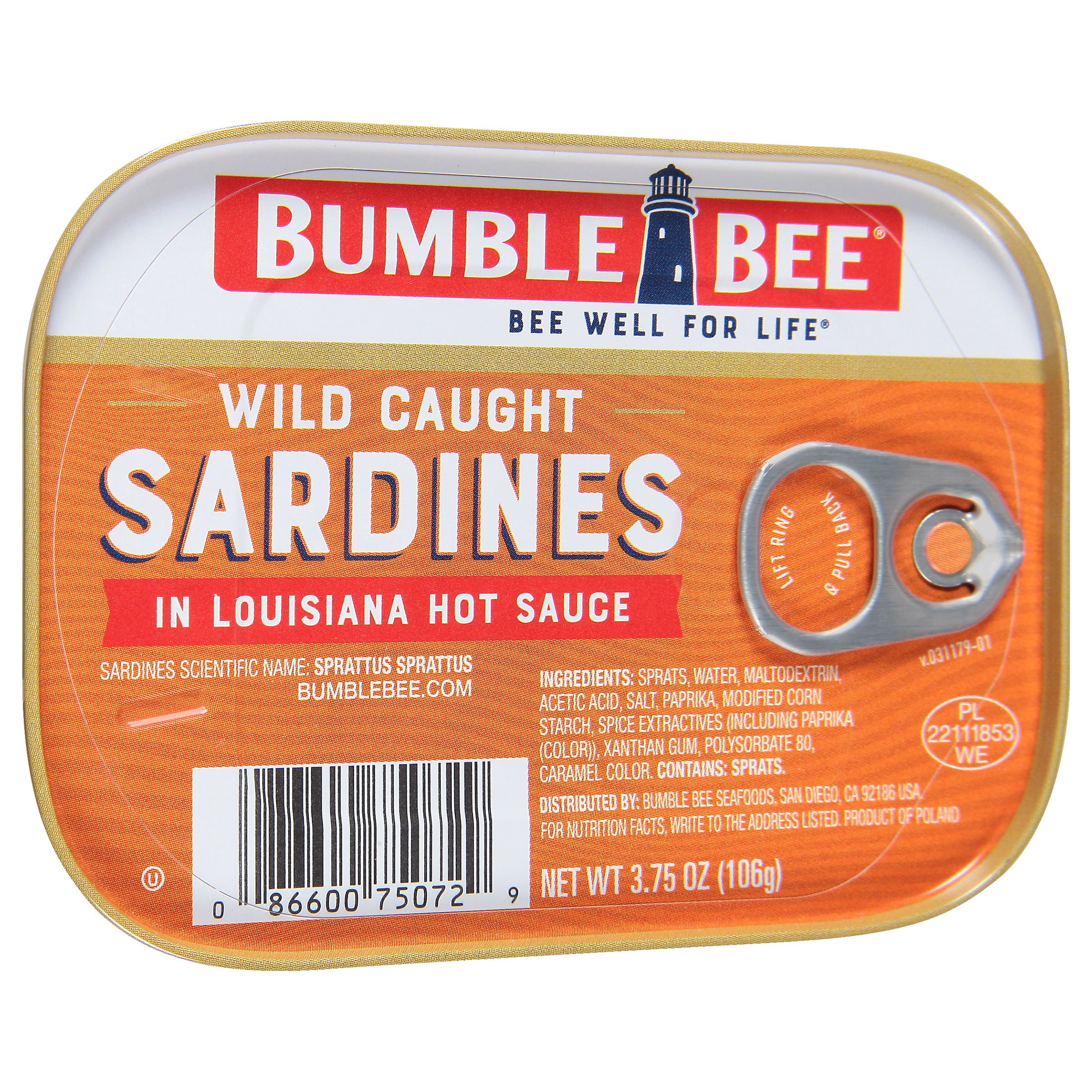 (7 pack) Bumble Bee Wild Caught Sardines in Louisiana Hot Sauce, Gluten Free, 11g Protein Per Serving, Shelf Stable Tin Can, 3.75 oz