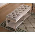 thumbnail image 2 of CHYTGBV Farmhouse  Bench French Rustic Entryway Ottoman with Black Frame  Upholstered Fabric Tufted End of Bed with Rack for Bedroom Living Room Hallway  Grey, 2 of 7