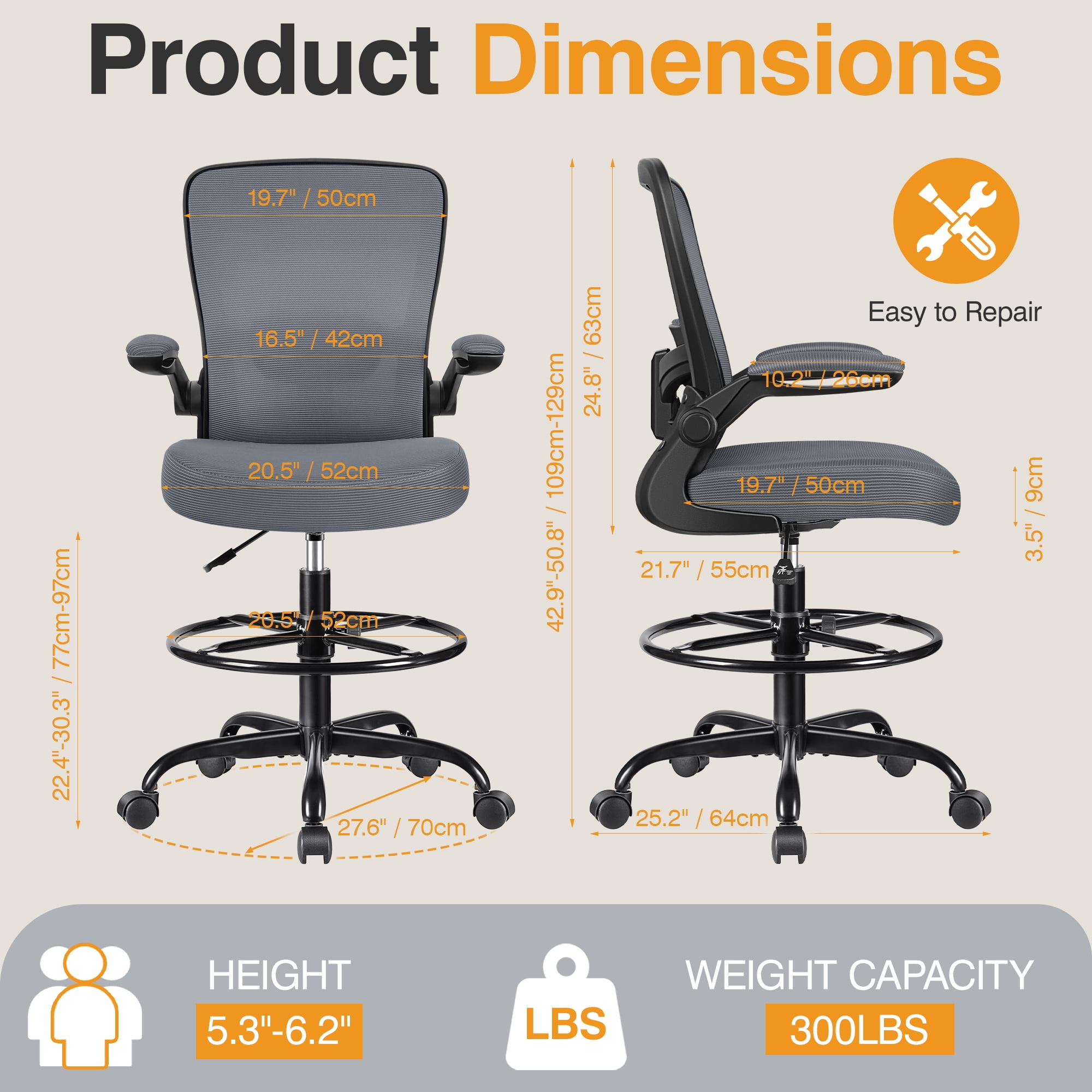 COOLHUT Home Office Chair with Flip-up Armrests for Standing Desk, Ergonomic Computer Office Desk Chair with Adjustable Foot Ring, Office Desk Chairs with Adjustab Lumbar Support, Dark Gray