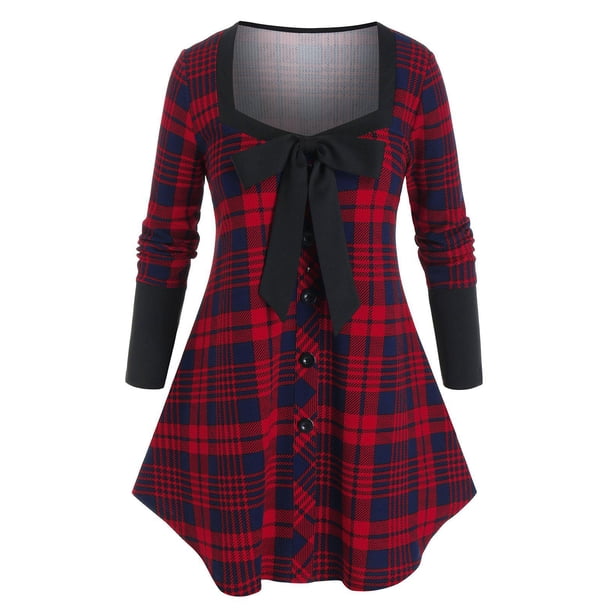 Tamaño más bowknot camisas a cuadros de manga larga T abotonado Rosegal Mangas largas de talla grande