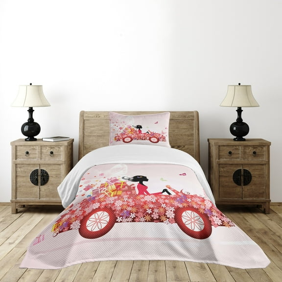Ambesonne Cars Quilted Bedspread Set 2 Pcs, Girl on a Car Floral Box, Twin Size, Pink Dark Coral Black