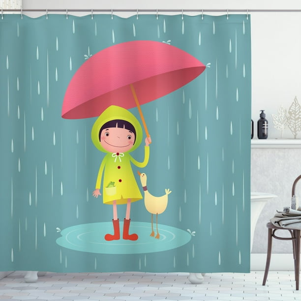 Rain Shower Curtain, Illustration of a Little Girl and Her Duck Animal