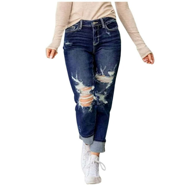 Women's Distressed Ripped Denim Pants Casual Street Style Hop Straight Leg Mid Rise Comfortable Stretch Jeans