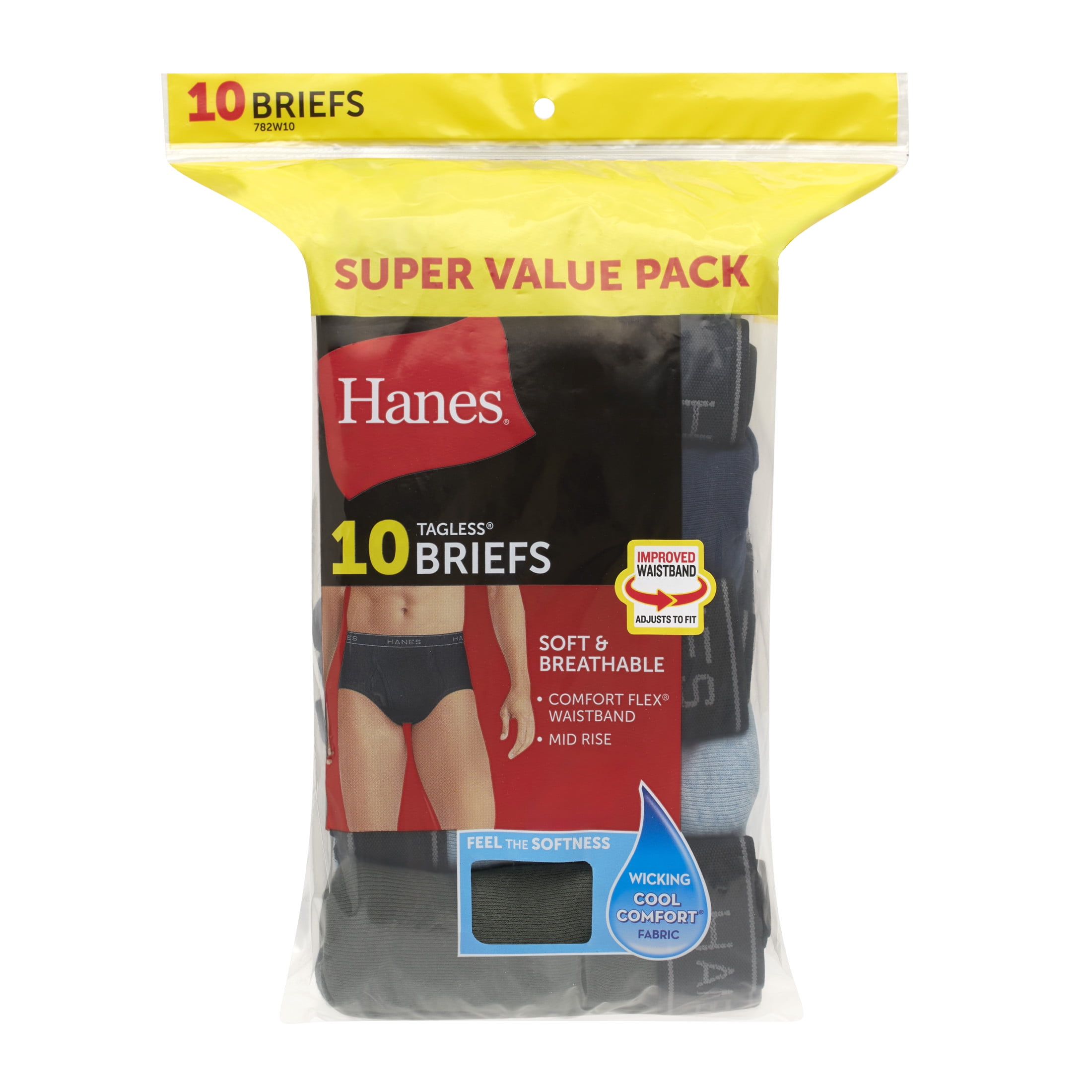 Hanes Men's Mid-Rise Brief Underwear Pack, Dyed Cotton, 10-Pack