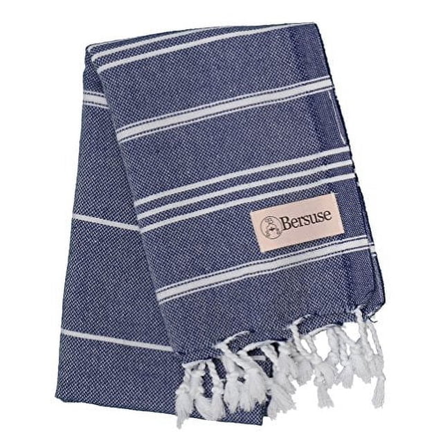 Bersuse Serviette à Main Turque 100 % Coton Anatolia, 23x43 Pouces, Bleu Foncé et Blanc