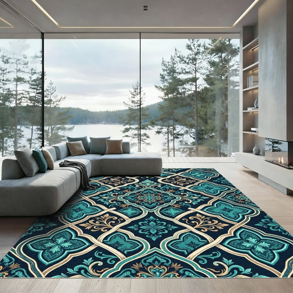 ODIKA 4'x6' Machine Washable Non-Slip Area Rug, Oriental Teal High Traffic Rug, Blue, 1140568