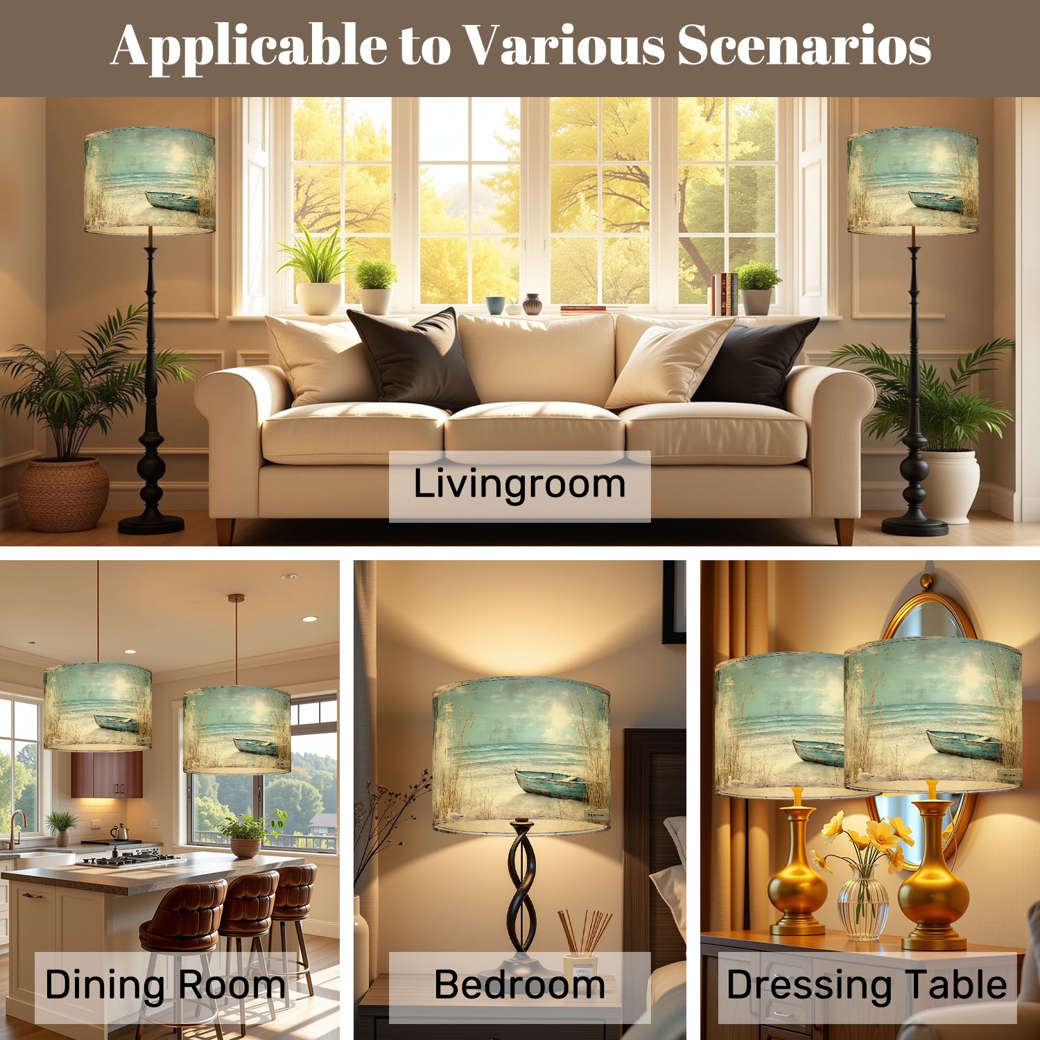 Lampshades 2 Pack Beach Nautical Boat Ocean Seagull Sea Bird Seashore Blue Wooden Grass 13"x13"x10" Light Shade for Table Lamps Floor Lamps Drum Lamp Shades Lampshade Replacement Easy Assembly