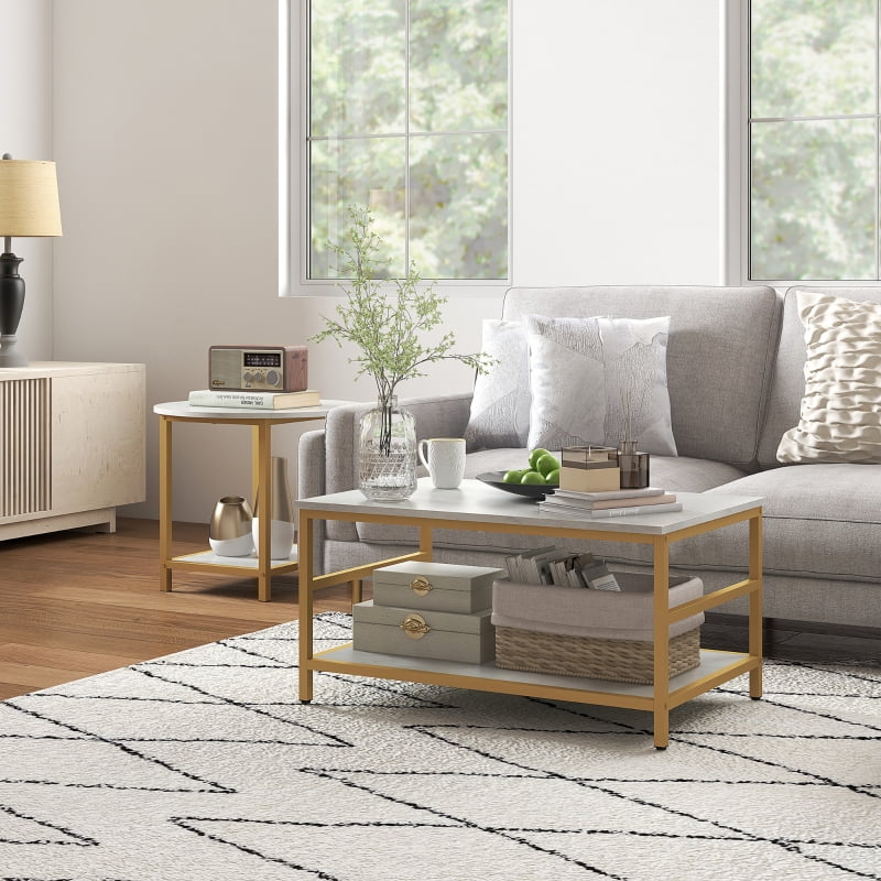 HOQBN Coffee Table Set of 2, Rectangle and Round Coffee Tables with Storage Shelves, Faux Marble Top, Living Room Table Set