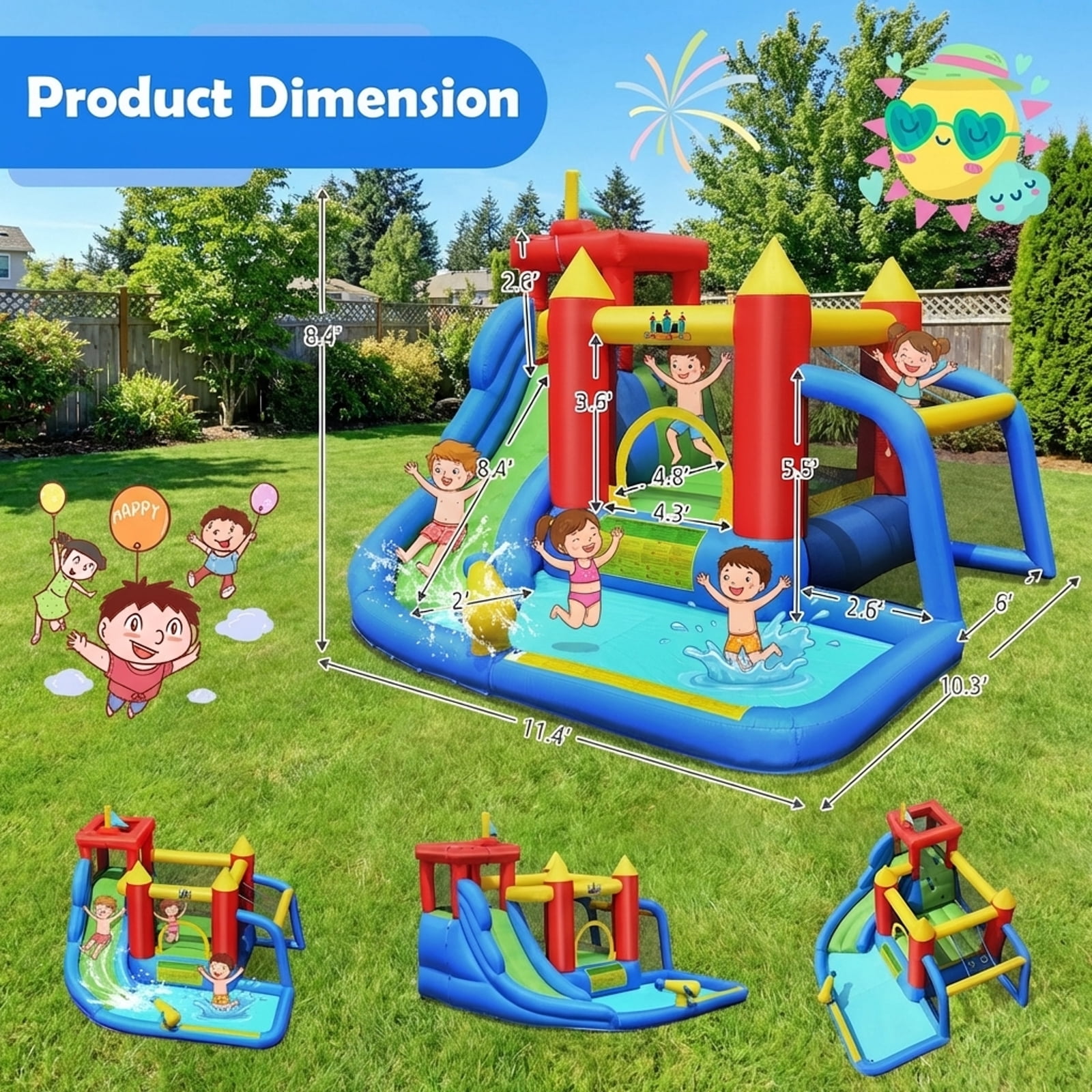 Redsmile Inflatable Bounce House Splash Pool with Water Climb Slide Blower included - Multicolor - Kids Birthday Party
