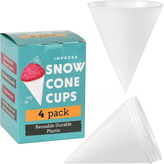 [4 Pack] Plastic Reusable Snow Cone Cups for Your Snow Cone Maker - No Leak, Durable Shaved Ice Cone Cups
