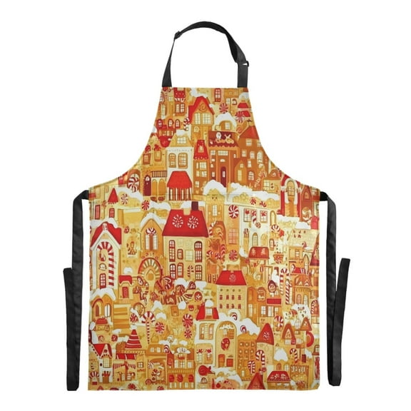Gingerbread Houses Pattern Long Apron for Cooking Water Resistant Adjustable Bib with 2 Pockets 88x68cm