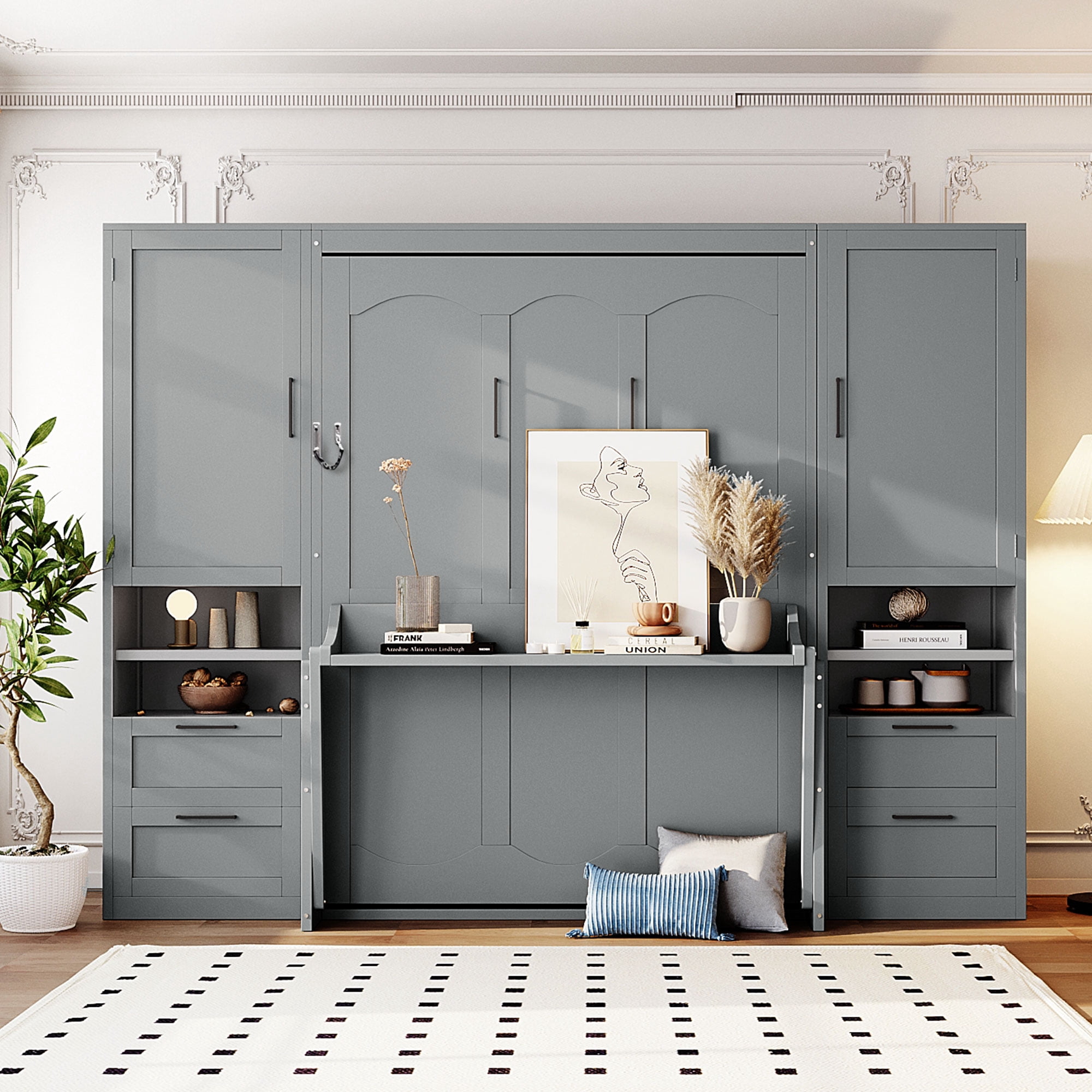 Full Size Murphy Bed with 2 Closet, 4 Drawers and Shelves for Space-Saving Guest Room