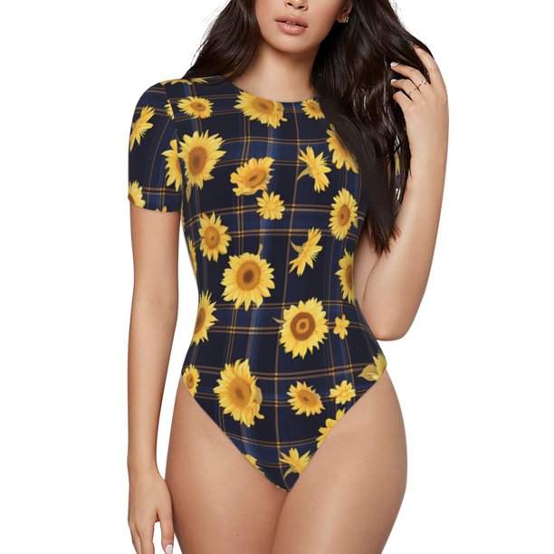 Balery Royal Blue Plaid Sunflower Body de cuello redondo de manga corta para mujer Tops de manga corta Tops básicos-XX-Large