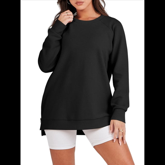 Sudaderas de Gran Tamaño para Mujer, Cuello Redondo, Larga, Sudaderas con Cremallera Lateral, Ropa de Otoño 2025 Negro XL