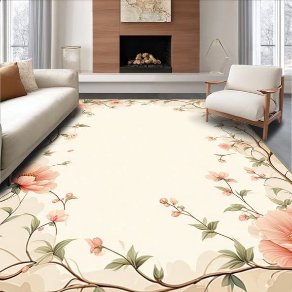 ODIKA 4'x6' Machine Washable Non-Slip Area Rug, Artistic Flora Vine Accent Printed High Traffic Rug, Peach, 156076