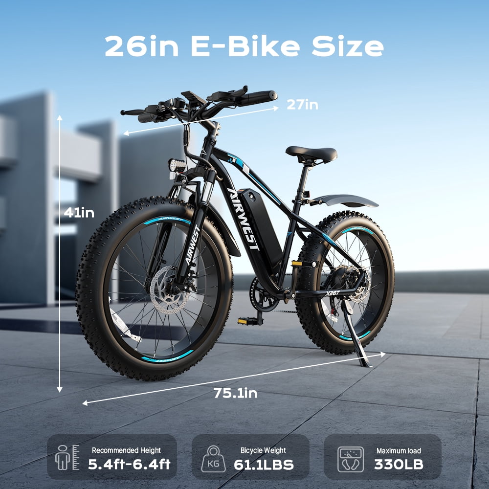 AIRWEST 26" Men's Electric Mountain Bike - 500W Motor, 48V 13Ah Removable Battery, 7-Speed Fat Tire E-Bike for Snow/Sand/Off-Road - UL2849  - Max 25MPH