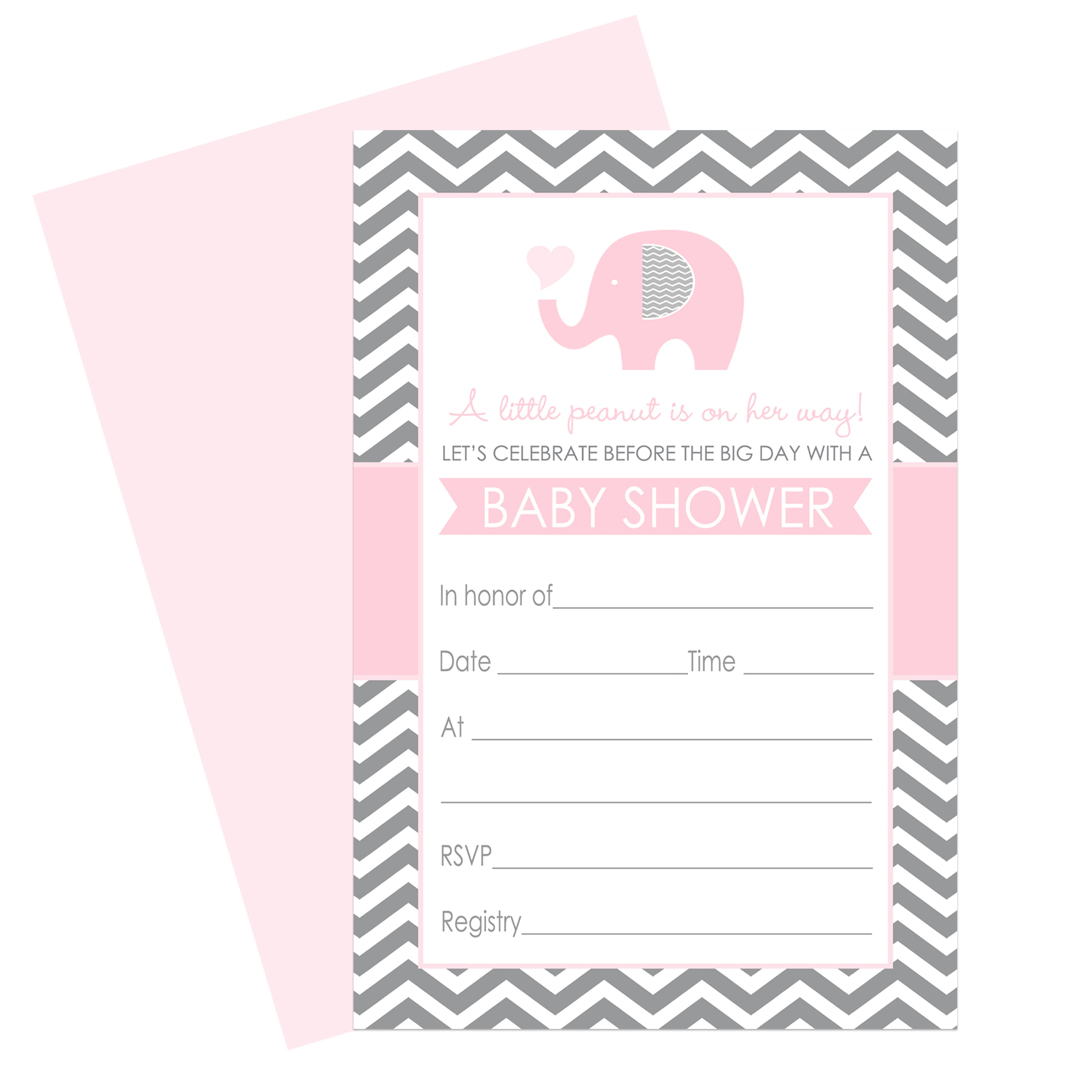 Pink Elephant Invitations and Envelope Pack of 15 Personalize Blank