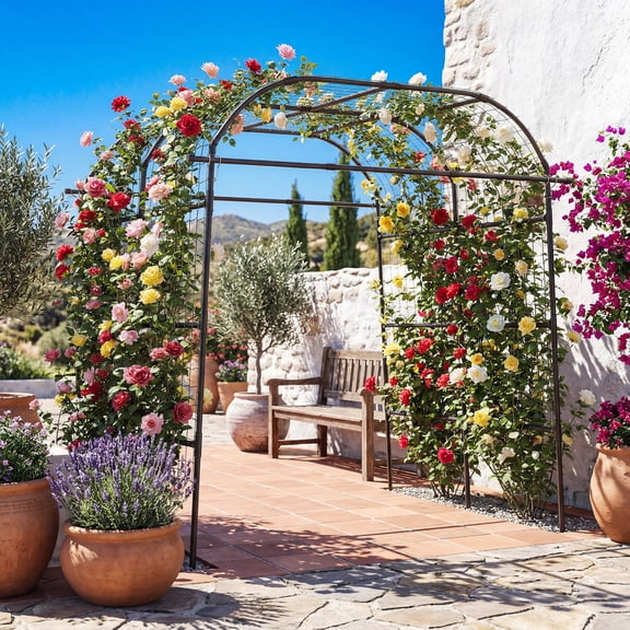 ELLEGNT Outdoor Climbing Plant Trellis Arch, 7.5 FT Tall x 7 FT Wide – Perfect for Raised Bed Cucumbers, Grapes, and Flower Vines – Rustproof Metal Arbor in Black