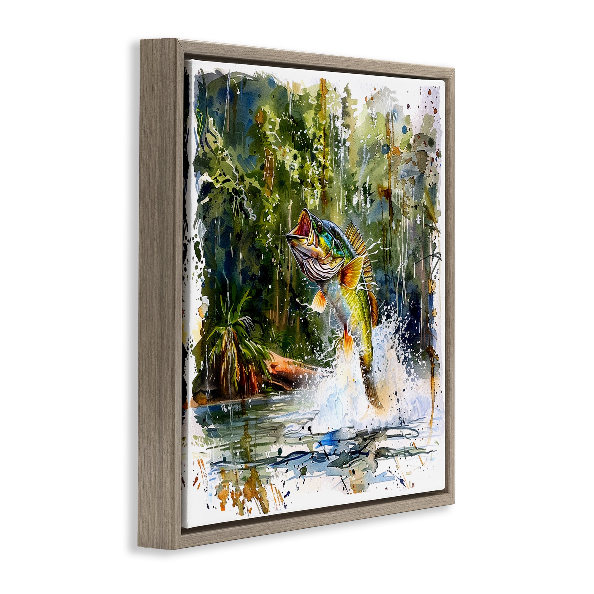 Stupell Industries Jumping Bass Splash Animals Painting Brown Floater Framed Canvas Art Print Wall Art, 18 x 18