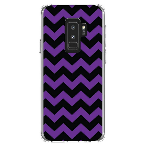 DistinctInk Clear Shockproof Hybrid Case for Samsung Galaxy S9  PLUS (6.2" Screen) - TPU Bumper, Acrylic Back, Tempered Glass Screen Protector - Black Purple Stripes - Stripes Pattern