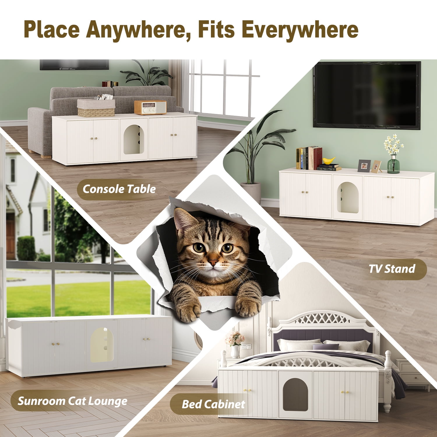 Cat Litter Box Enclosure for 2 Cats, Litter Box Furniture with Double Room, Central Entry, and Dual Use as TV Stand for Living Room, White (Grounded Version)
