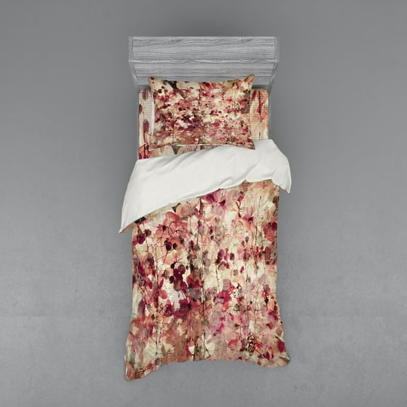 Ambesonne Retro Bedding Set 3 Pcs, Cherry Blossoms Floral, Twin, Beige and Pink