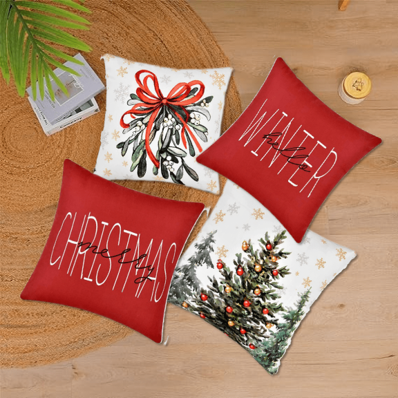 Christmas Throw Pillow Covers Decoration 18x18 Farmhouse Xmas Decor Outdoor Snowman Winter Holiday Cushion Cases Deer Tree Home for Living Room Bed Sofa Couch Bench Indoor Red
