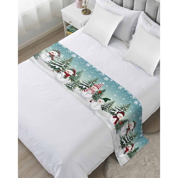 Xipuska Teal Snowman Christmas Bed Runners for King Size Bed, Decorative Bed Throws for Foot of Bed, Xmas Tree Snowflake Bed Runner Sofa Throw Bedding Scarf Protector Slipcover for Bedroom/Hotel