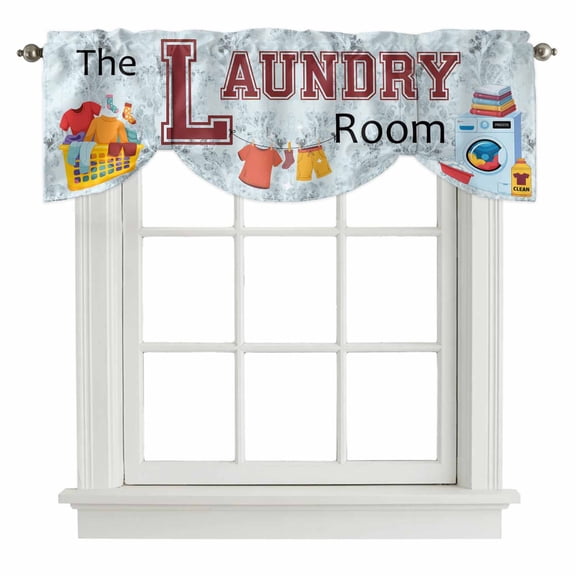 Laundry Room Tie Up Valance Curtains for Windows, Kitchen Curtains Window Shades, Blue Cartoon Washing Machine Clothes Light Filtering Roman Curtain Valances for Bedroom/Bathroom/Cafe 60"x18"
