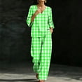 thumbnail image 6 of Mifsaly Lounge Wear for Women 2 Piece Set Plaid V Neck Bell Sleeve Top and Relaxed Wide Leg Pants Comfortable Everyday Casual Matching Outfits with Pockets Mint Green,XL, 6 of 7