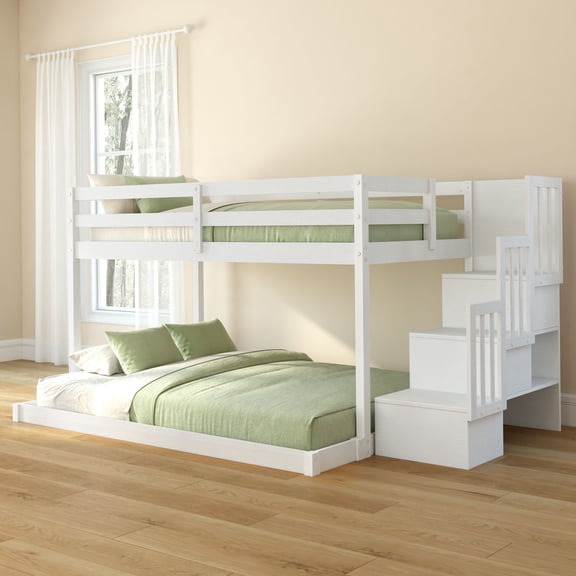 Bear Plywood Twin/Full Low Bunk with Staircase, Brushed White