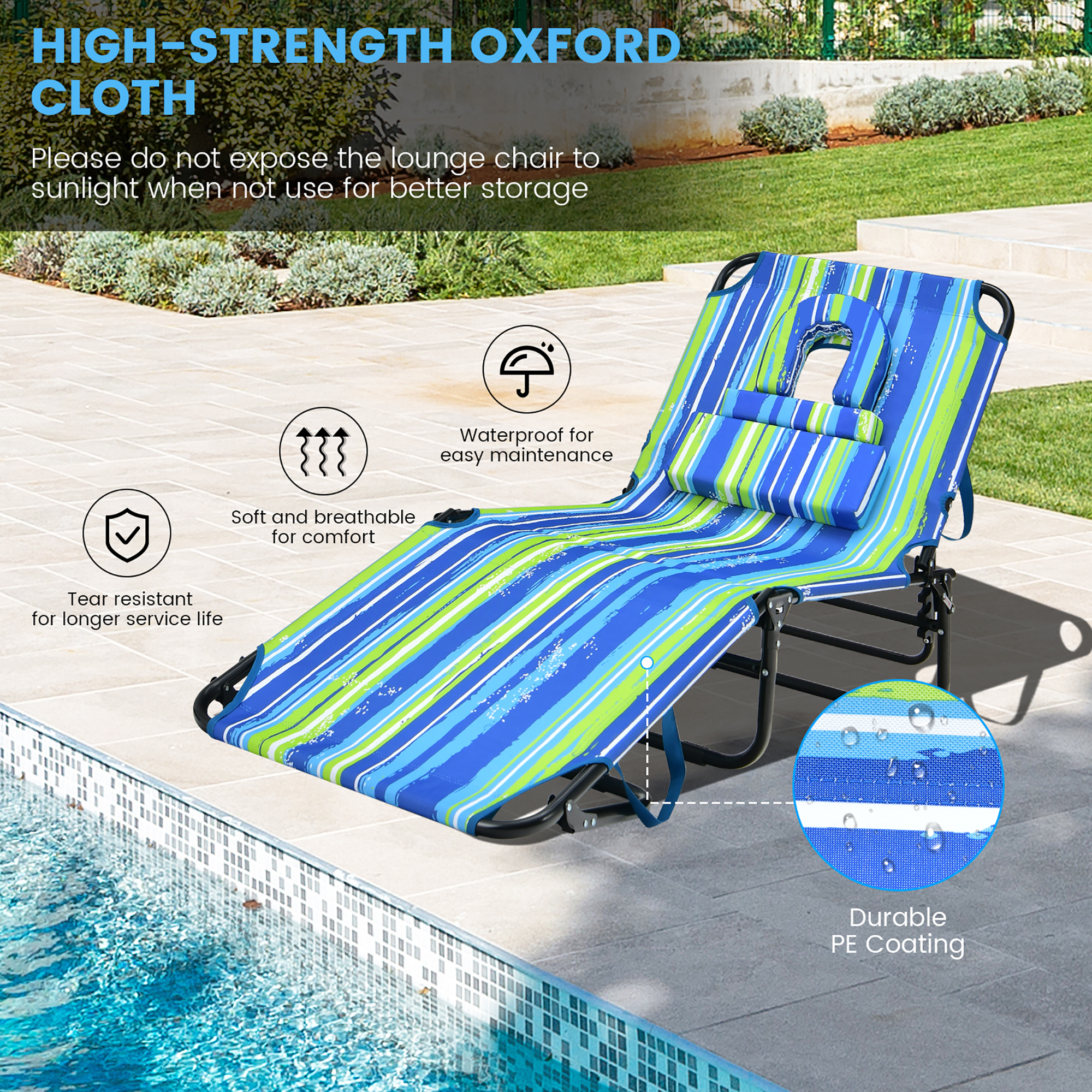 Costway 2 PCS Beach Chaise Lounge Chair with Face Hole Pillows & Adjustable Backrest Blue & Green - image 3 of 10