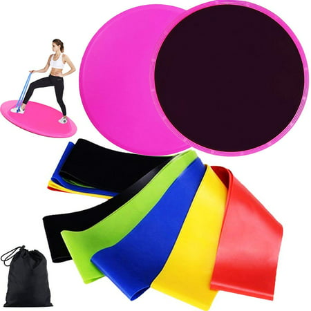 Resistance Bands Loop and Core Sliders Exercise, Exercise Elastic Bands (Set of 5) and Gliding Discs(Set of 2), Workout Fitness Equipment for Building Core Muscles and Dieting to Lose (Best Core Building Exercises)