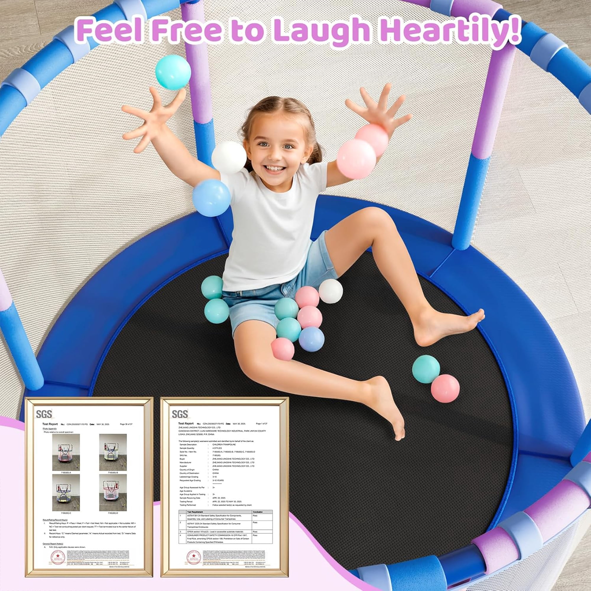 Toremore 55" Trampoline for Kids with Enclosure, 6-in-1 Kid Trampoline Indoor & Outdoor, Toddle Trampoline with Adjustable Gymnastics Bars, Blue
