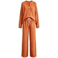 thumbnail image 5 of Women's Waffle Knit 2 Piece Tracksuit Outfit Henley Long Sleeve Top and Drawstring Wide Leg Pants Soft Comfy Loungewear Casual Travel Vacation Streetwear Set Orange, 5 of 5