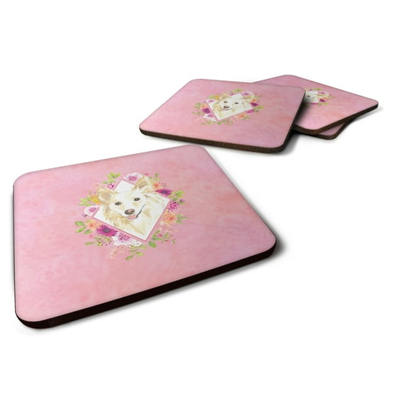 Carolines Treasures CK4201FC White Collie Pink Flowers Foam Coaster Set of 4 3 1/2 x 3 1/2 multicolor