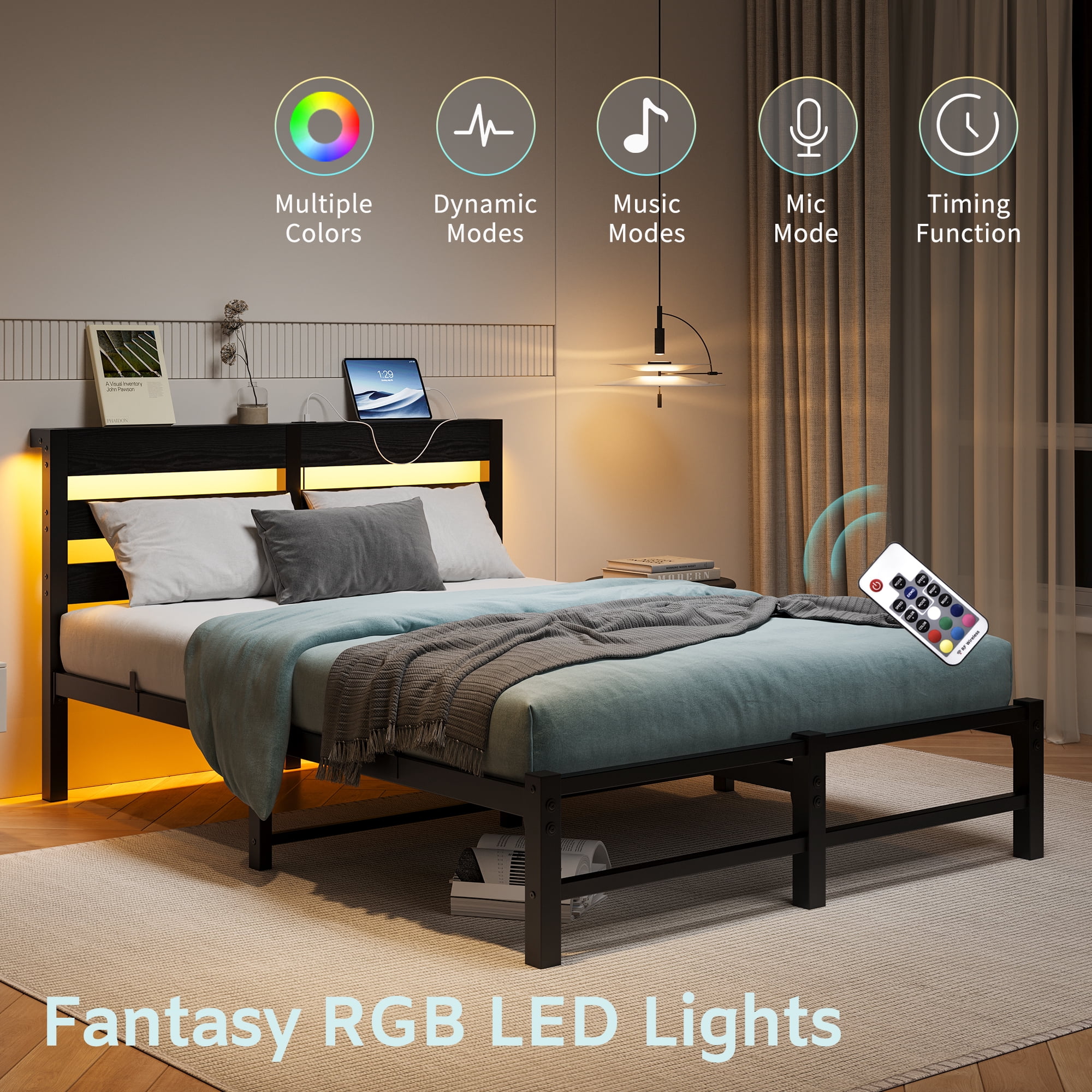 Miniyam Full Size Bed with USB Charging Station, LED Bed for Adult, Black
