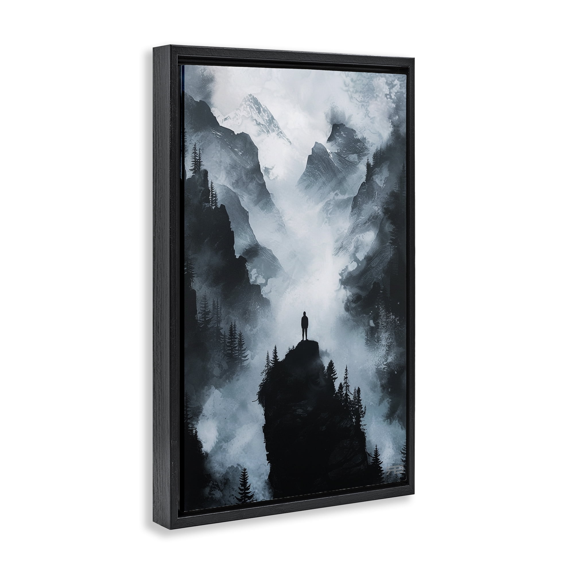 Stupell Industries Man on Intense Cliff Landscape & Nature Painting Black Floater Framed Canvas Art Print Wall Art, 21 x 31